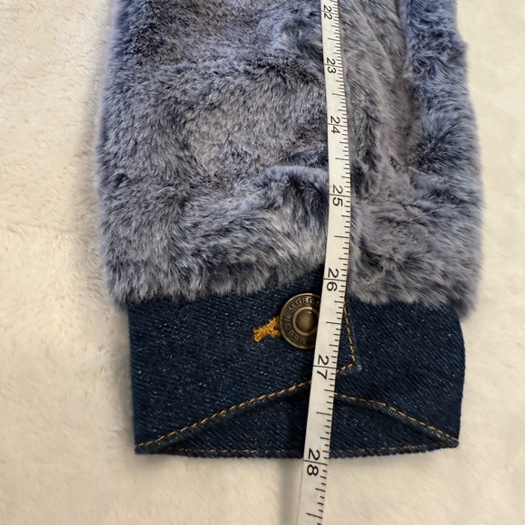 Mebon faux fur denim style coat plush blue outerwear white collar denim trim SM - Picture 10 of 11